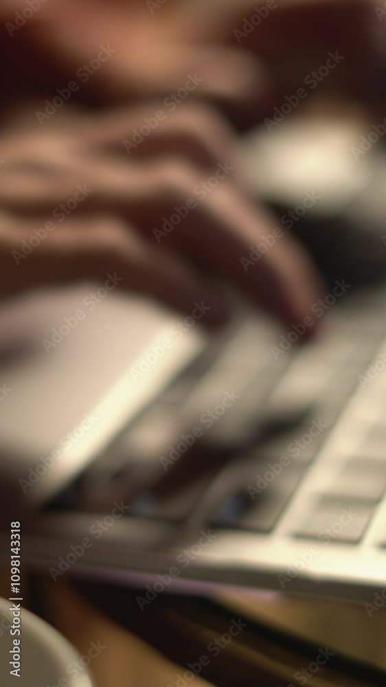 Poster A closeup view showcasing hands actively typing on a contemporary laptop keyboard, set against a softly illuminated environment, highlighting the importance of modern technology in various tasks