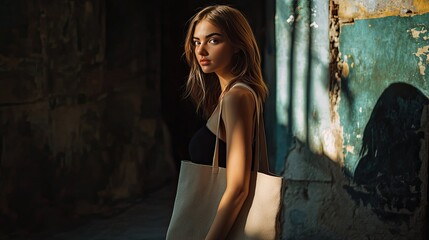Naklejka premium A woman posing with a plain tote bag, with natural lighting emphasizing the fabric texture, set in a modern backdrop
