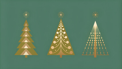 Obraz premium Stylized vector design of Christmas trees in different modern styles, including minimalist, geometric, and hand-drawn, decorated with lights and baubles, perfect for gift wrap patterns