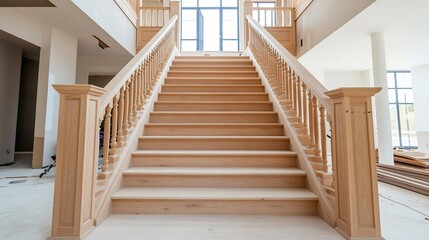 Obraz premium Wooden Staircase Construction with Visible Joinery and Craftsman at Work
