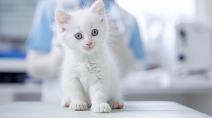White kitten visiting vet for a check-up.