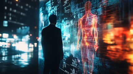 Man Observing Digital Human Anatomy Projection