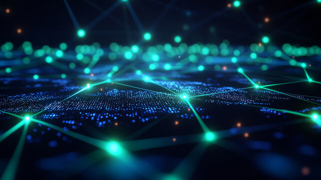 Digital Network with Glowing Nodes and Programming Code