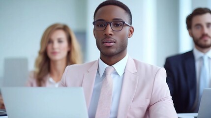 Fototapeta premium business people work with laptop concept. Professionals Collaborating in Modern Office Setting