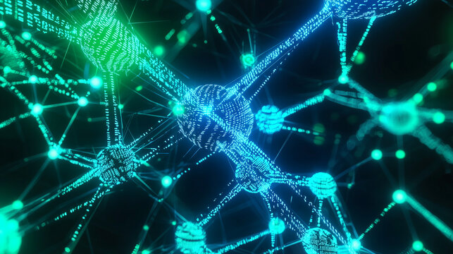 Digital Network with Glowing Nodes and Code on Black Background