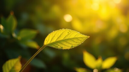 A single dew-kissed leaf illuminated by the golden rays of the morning sun, showcasing the beauty of nature's simple wonders.