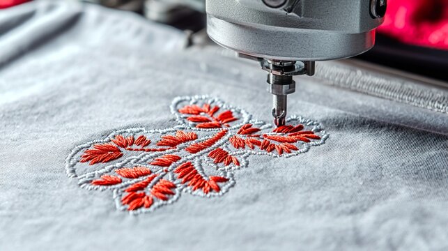 Printing t-shirt fashion concept. Close-up of Embroidered Design on Shirt Fabric