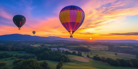 Colorful hot air balloons soar over a stunning desert landscape at sunset. created by ai
