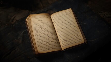 Fototapeta premium Open antique diary with aged pages and handwritten text rests on dark fabric.