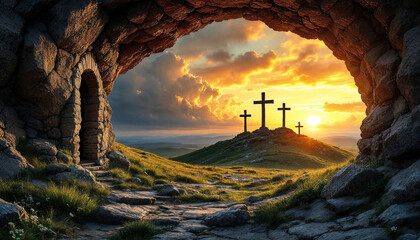landscape with a jesus stone that cave opening revealing three crosses on a hill at sunset