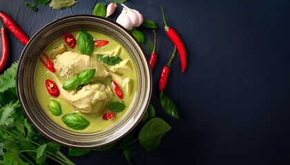 Delicious traditional Thai green curry chicken served with fresh vegetables in an elegant bowl. Generative AI