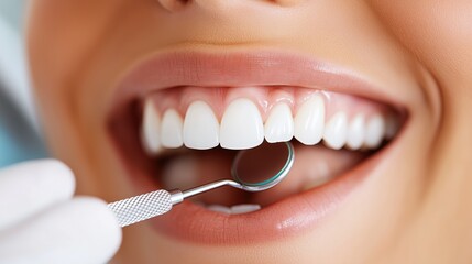 A woman is smiling and holding a dental mirror in her mouth. Concept of trust and comfort, as the woman is likely at a dental appointment and the dentist is checking her teeth