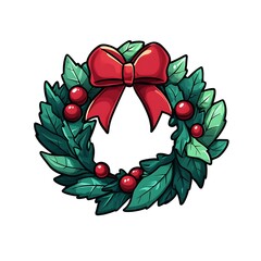 Naklejka premium Holly Wreath with Red Ribbon Cartoon for Holidays