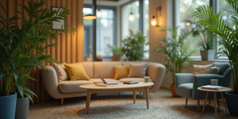 Fototapeta premium Modern cozy lounge area with a stylish sofa, armchairs, wooden coffee table, and lush green plants, illuminated by soft natural light through large windows for a relaxing ambiance