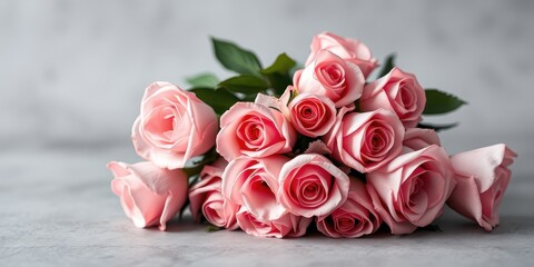 Fototapeta premium A Bouquet of Delicate Pink Roses with Soft Petals and a Gentle Touch of Green Foliage
