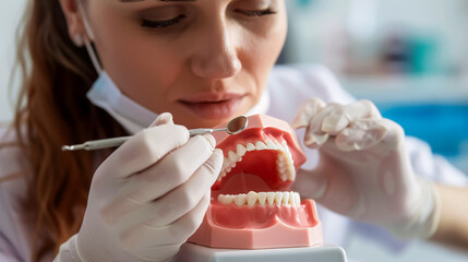 Woman dentist practicing work on tooth model.