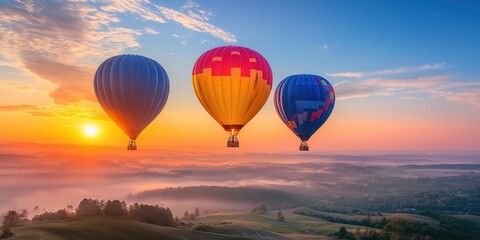 Fototapeta premium Colorful hot air balloons soar over a stunning desert landscape at sunset. created by ai