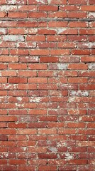 Obraz premium Close-up view of red brick wall with mortar cracks and stains, weathered stones, vintage architecture