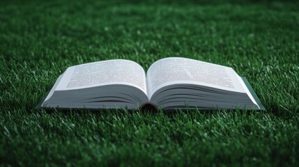 Open book with text pages on fresh green grass in natural outdoor setting
