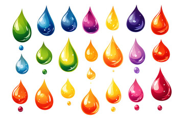 playful vector design of liquid droplets in rainbow colors, with a variety of shapes and sizes, arranged in a scattered yet harmonious pattern