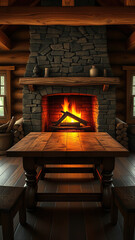 Cozy wooden table in front of a roaring fireplace with crackling logs, comfort, fire, home