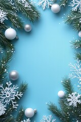 Modern Minimalist Christmas Border with Pine Branches, Snowflakes, and Baubles for Greetings and Ads