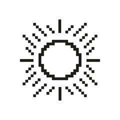 Fototapeta premium Pixelated Sun Icon with Radiating Rays. Bright Sunlight in Pixel Art Style. Solar Energy and Light. Isolated Vector Illustration