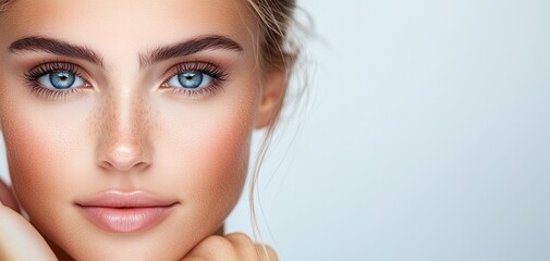 Fototapeta premium A woman with blue eyes and light brown hair is wearing makeup. She has a natural look and her eyes are the focal point of the image