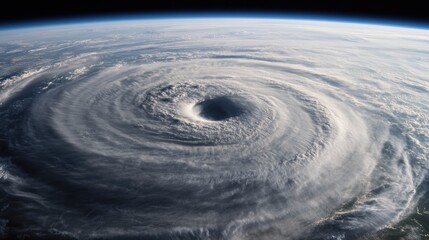 Fototapeta premium Aerial view of large hurricane over the ocean seen from space, showing spiral cloud formation.