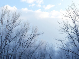 Empty panoramic winter background with bare trees and a pale blue sky, empty panoramic winter background, pale blue sky, natural scenery, cold climate