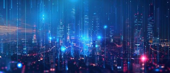 Futuristic cityscape with neon lights and digital elements.