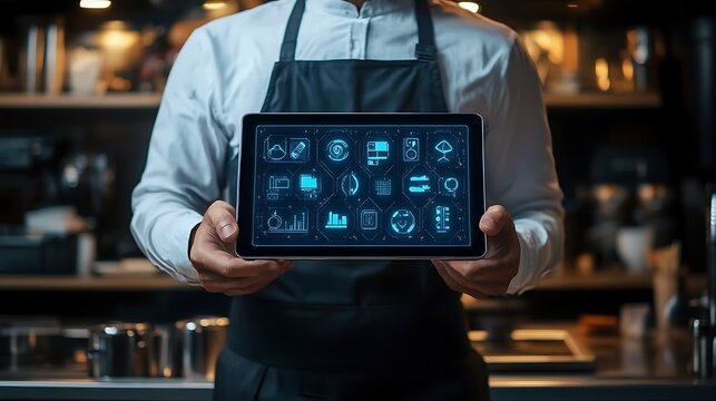 Barista Shows Digital Tablet With Coffee Shop Management System