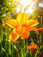 Obraz premium Fresh yellow orange daylily illuminated by summer sunlight in garden, vibrant, flower, yellow