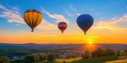 Fototapeta premium Colorful hot air balloons soar over a stunning desert landscape at sunset. created by ai