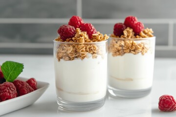 breakfast presentation, tall glass jars with yogurt parfaits, granola, and fresh fruit on a white kitchen counter, embraced by morning sunlight
