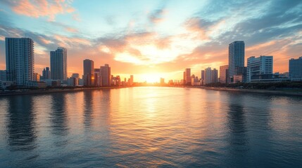 Fototapeta premium City skyline at sunset with reflection on the river.