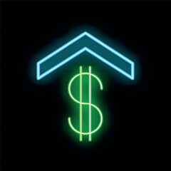 Obraz premium Neon sign showing a green dollar sign increasing with a blue arrow pointing up on a black background