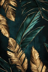 Elegant luxurious tropical leaves background. Green gold tropical exotic leaves wallpaper. Aesthetic botanical leaves dark background. Decorative stylized leaves background.