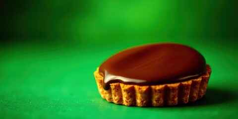 A single chocolate tartlet with a rich chocolate ganache topping sits on a vibrant green background.