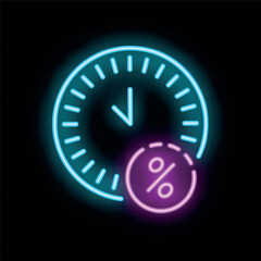 Fototapeta premium Neon clock is ticking down, showing the percentage discount available for a limited time offer