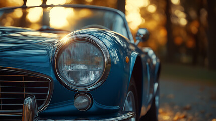 Naklejka premium Vintage round headlight shining on classic convertible car 