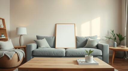 Fototapeta premium Modern living room interior with a gray couch, wooden coffee table, and a blank framed canvas on the wall
