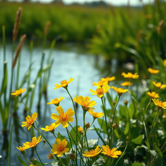 Fototapeta premium Marsh marigold flowers growing along the edge of a lush green wetland, growing, nature
