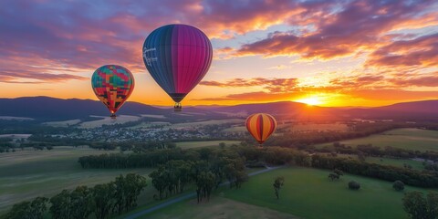 Obraz premium Colorful hot air balloons soar over a stunning desert landscape at sunset. created by ai