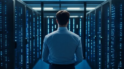 Fototapeta premium IT Professional Troubleshooting Server in Modern Tech Lab