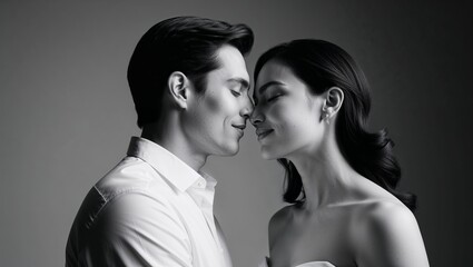 Couple sharing a romantic forehead kiss in a black and white portrait