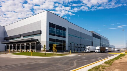 Fototapeta premium A modern distribution center surrounded by delivery trucks.