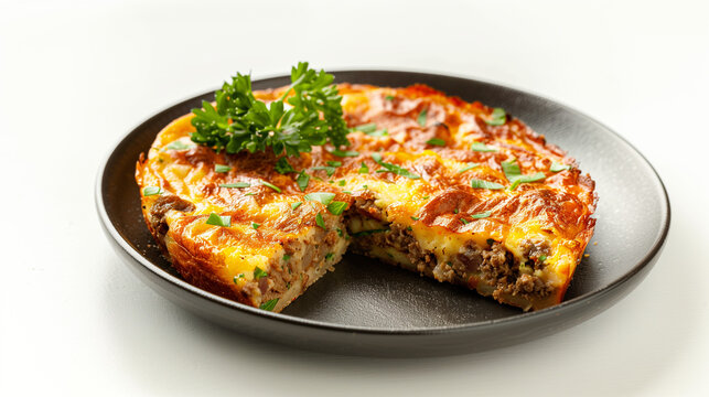 Savory bobotie with a portion removed, garnished with parsley on a black plate against a white background