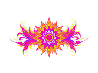 Obraz premium Psychedelic geometric shapes in bright colors like red purple yellow blue surrounding a central flower or sun with rays and leaves, purple, red