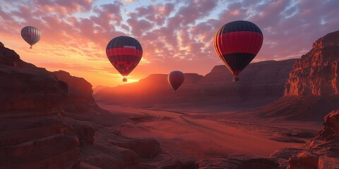 Naklejka premium Colorful hot air balloons soar over a stunning desert landscape at sunset. created by ai